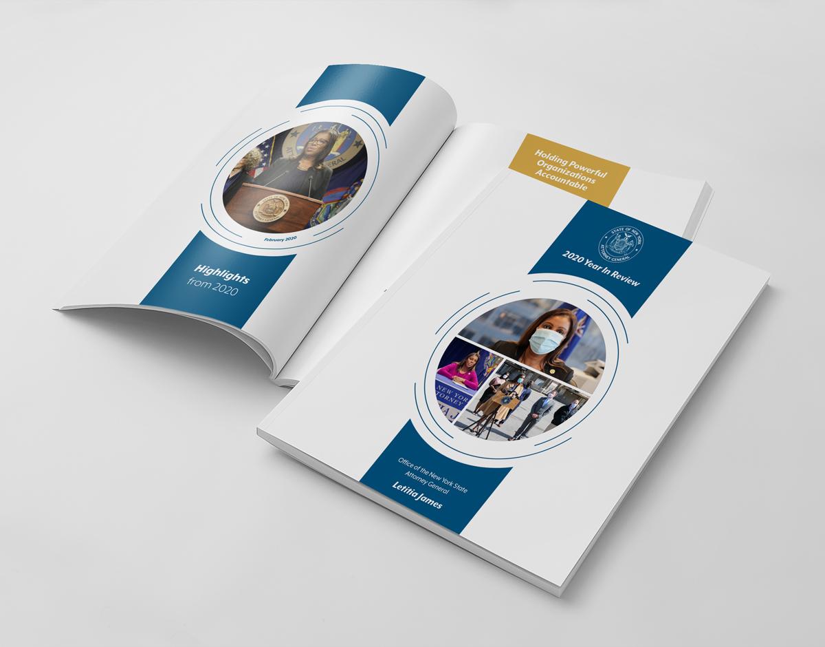 2020 Year in Review report printed and sitting open on a white background